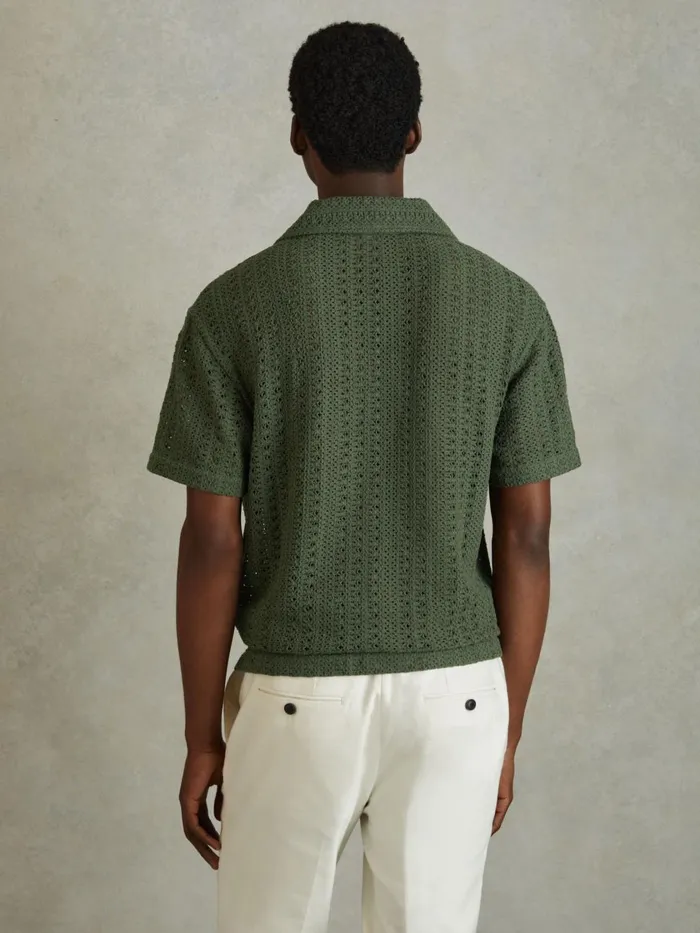 Men Reiss Knitwear Paradise Cotton Crochet Cuban Collar Shirt Olive Green
