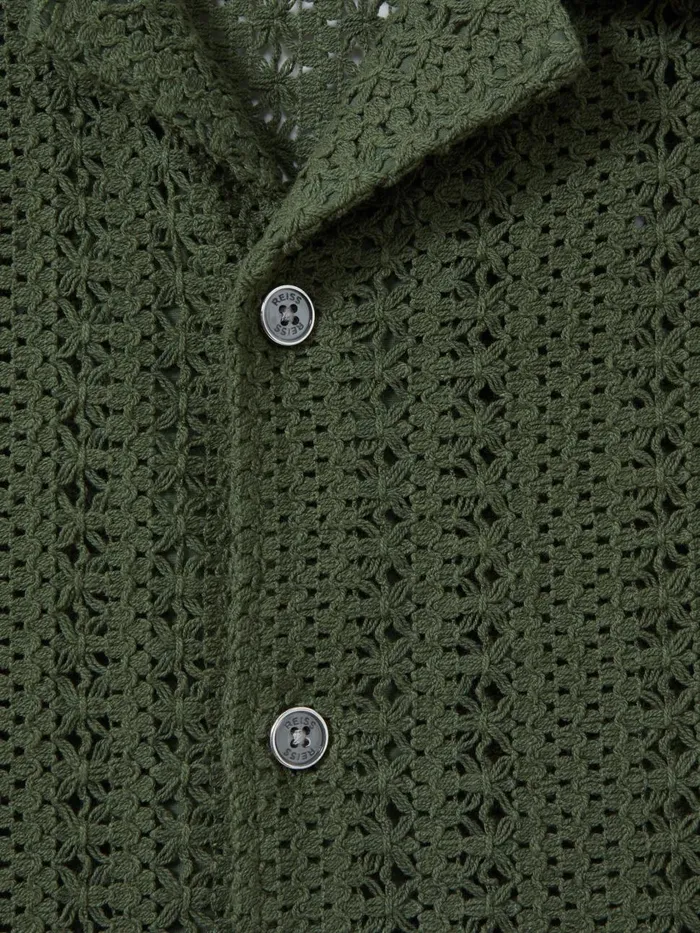 Men Reiss Knitwear Paradise Cotton Crochet Cuban Collar Shirt Olive Green