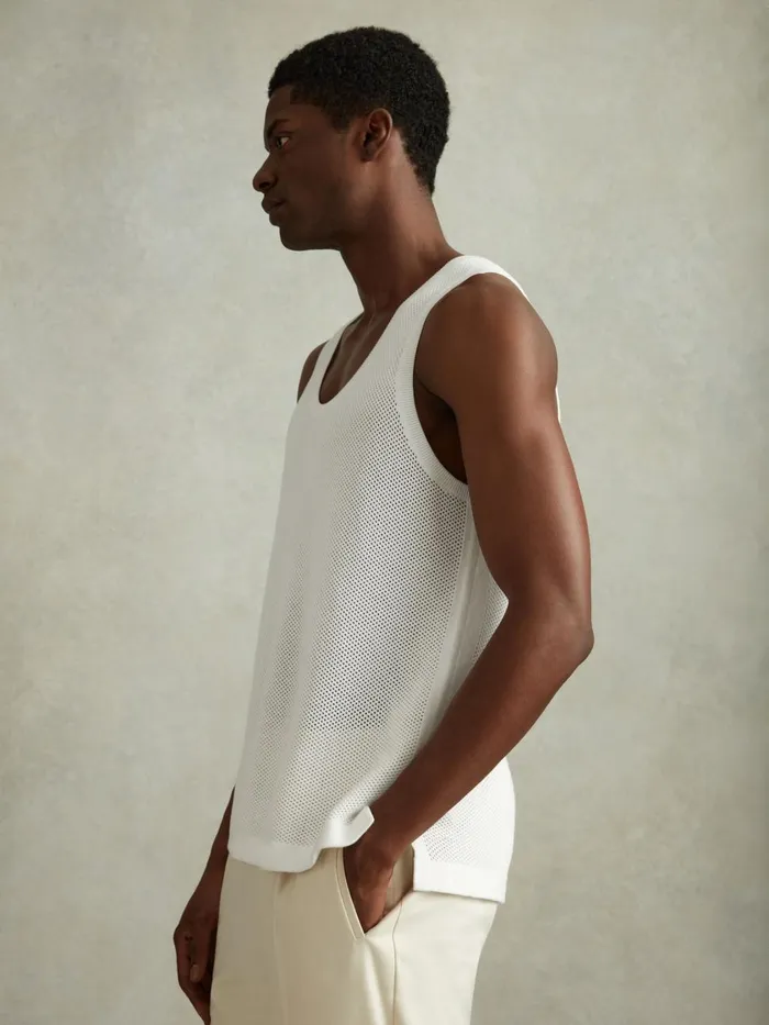 Men Reiss Knitwear Velo OpenStitch Cotton Vest Optic White