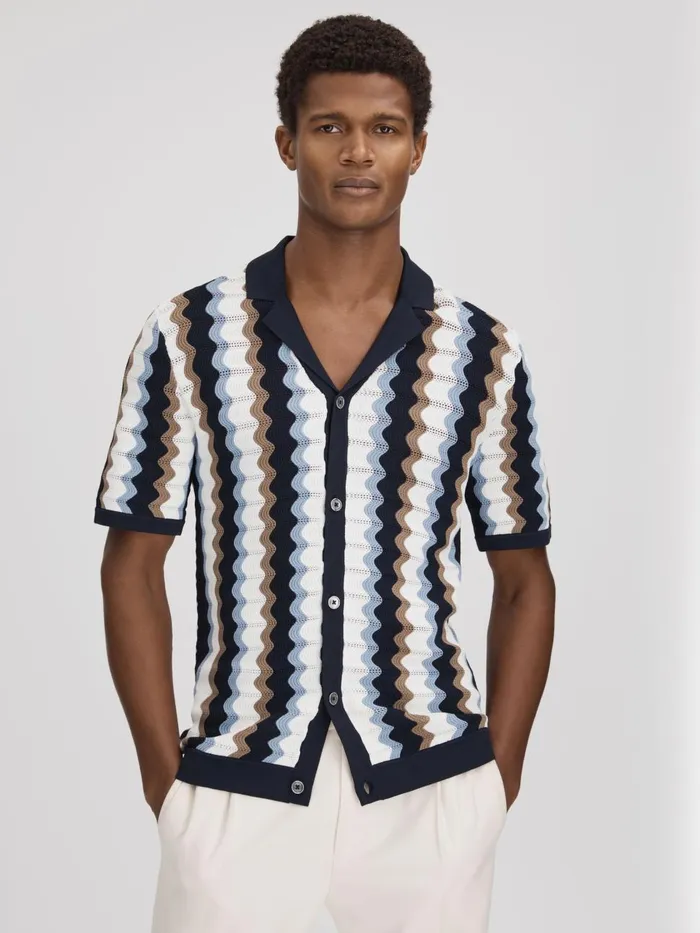 Men Reiss Knitwear Waves Knitted Cuban Collar Shirt Blue Multi