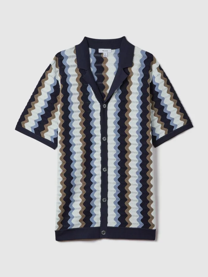 Men Reiss Knitwear Waves Knitted Cuban Collar Shirt Blue Multi