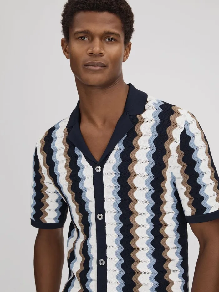 Men Reiss Knitwear Waves Knitted Cuban Collar Shirt Blue Multi