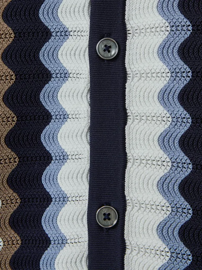 Men Reiss Knitwear Waves Knitted Cuban Collar Shirt Blue Multi