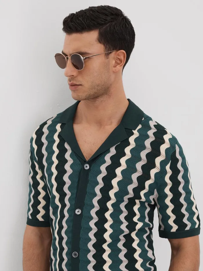 Men Reiss Knitwear Waves Knitted Cuban Collar Shirt Green Multi
