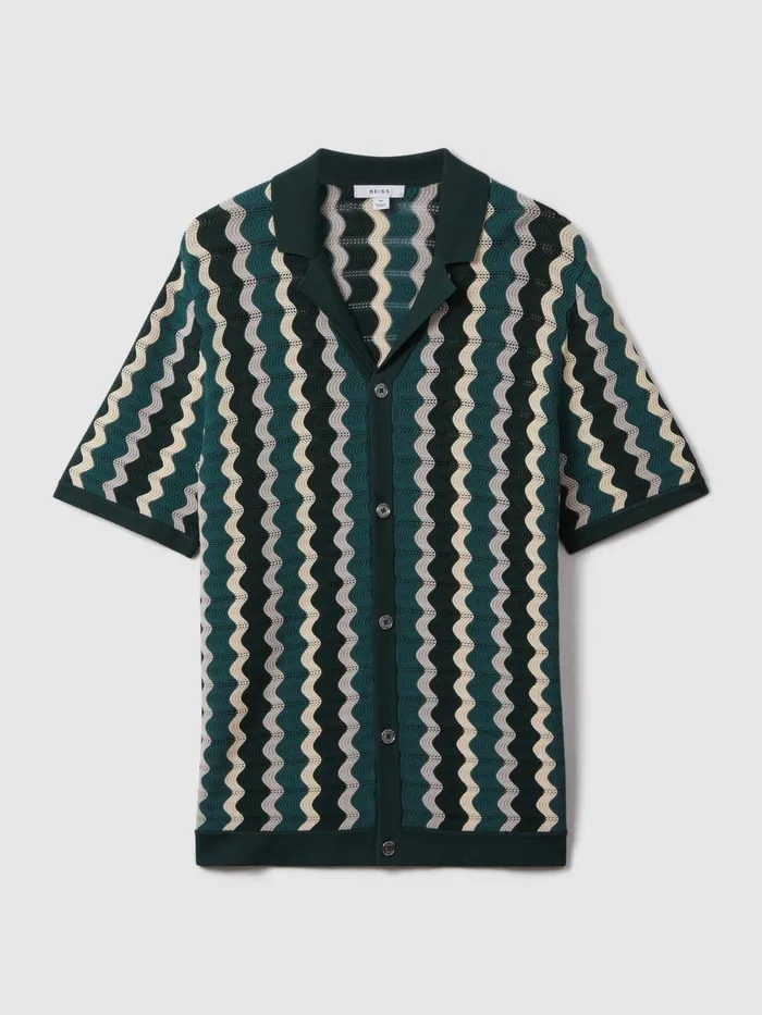 Men Reiss Knitwear Waves Knitted Cuban Collar Shirt Green Multi