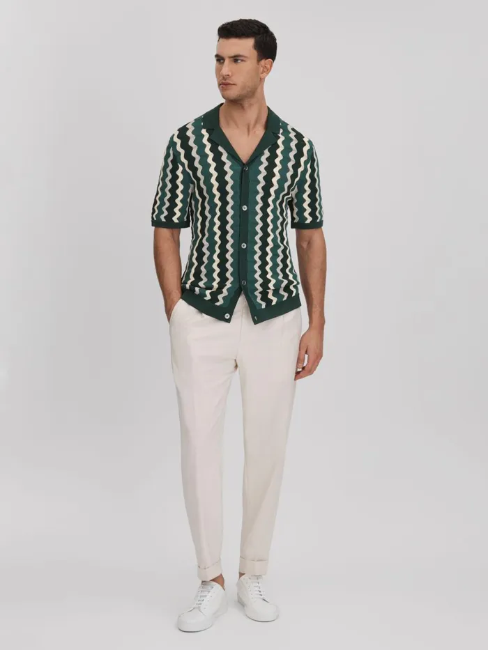 Men Reiss Knitwear Waves Knitted Cuban Collar Shirt Green Multi