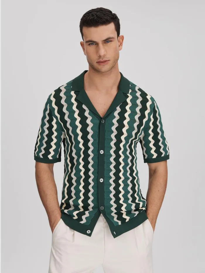 Men Reiss Knitwear Waves Knitted Cuban Collar Shirt Green Multi