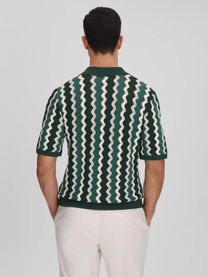 Men Reiss Knitwear Waves Knitted Cuban Collar Shirt Green Multi