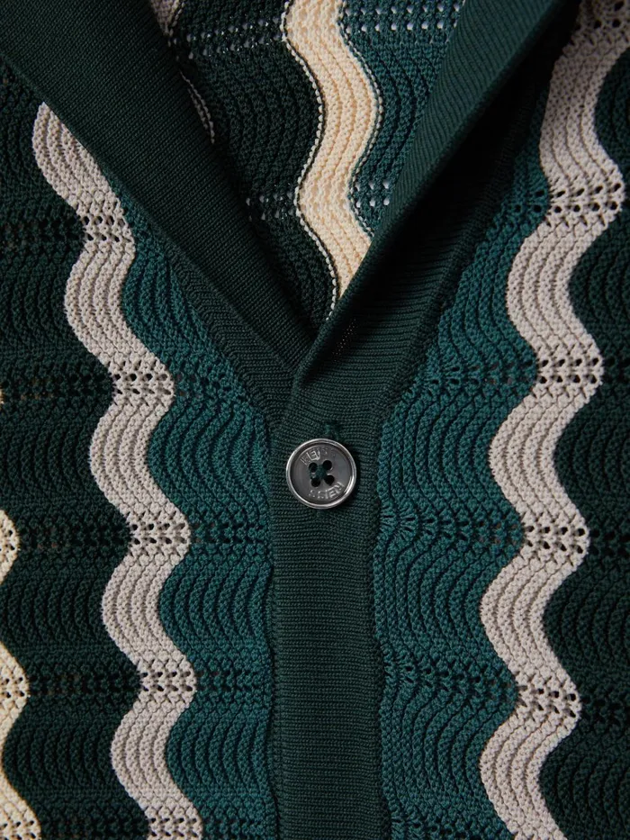 Men Reiss Knitwear Waves Knitted Cuban Collar Shirt Green Multi