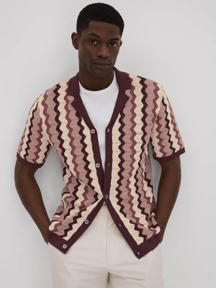 Men Reiss Knitwear Waves Knitted Cuban Collar Shirt Rose Multi