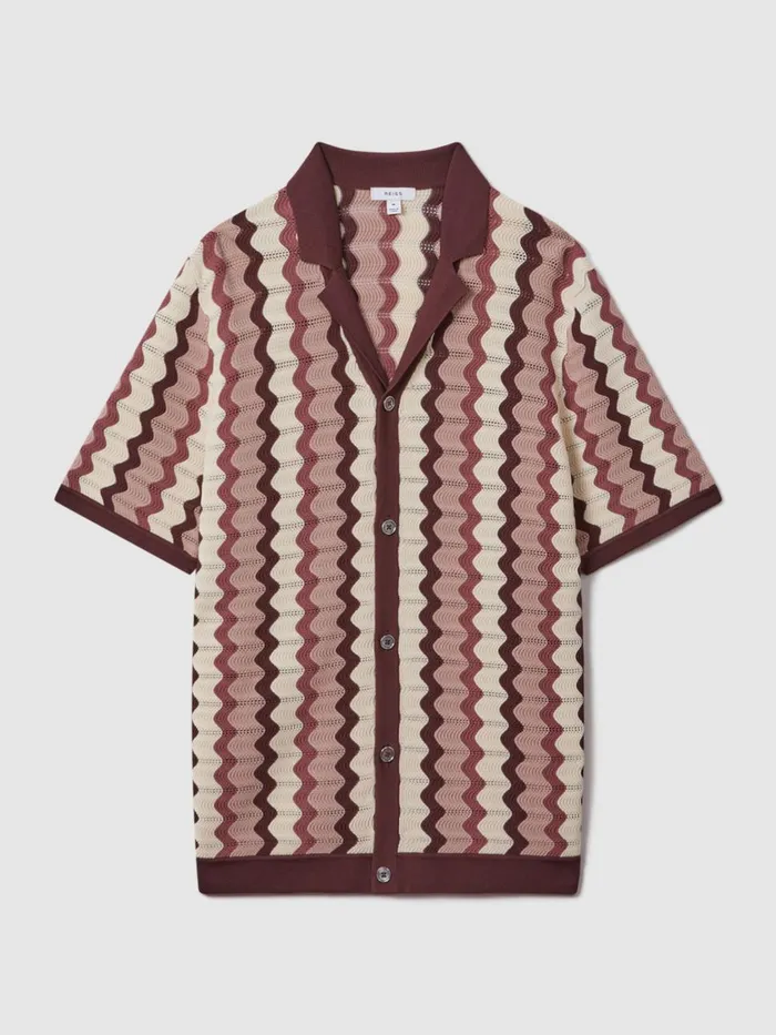 Men Reiss Knitwear Waves Knitted Cuban Collar Shirt Rose Multi