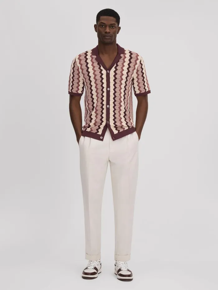 Men Reiss Knitwear Waves Knitted Cuban Collar Shirt Rose Multi
