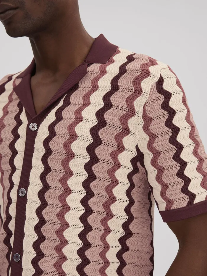 Men Reiss Knitwear Waves Knitted Cuban Collar Shirt Rose Multi