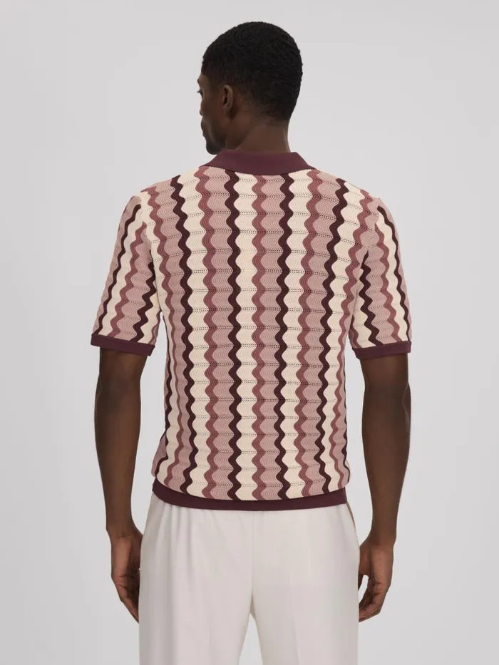 Men Reiss Knitwear Waves Knitted Cuban Collar Shirt Rose Multi