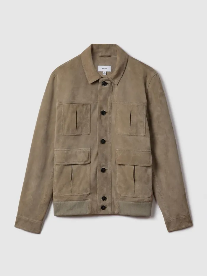 Men Reiss Leather and Suede Jackets Thomas Suede Chest Pocket Jacket Pistachio