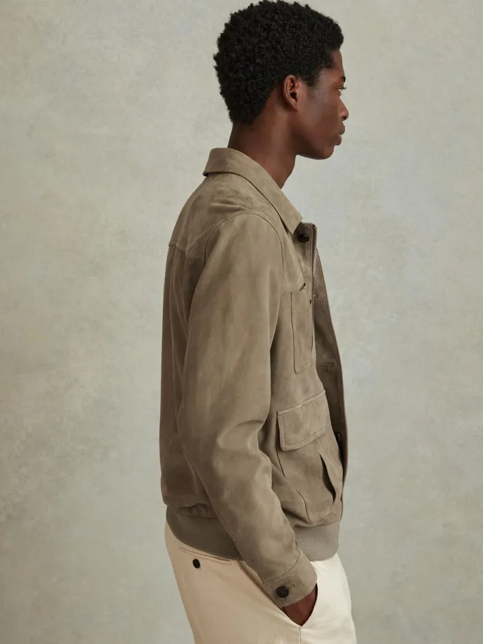 Men Reiss Leather and Suede Jackets Thomas Suede Chest Pocket Jacket Pistachio