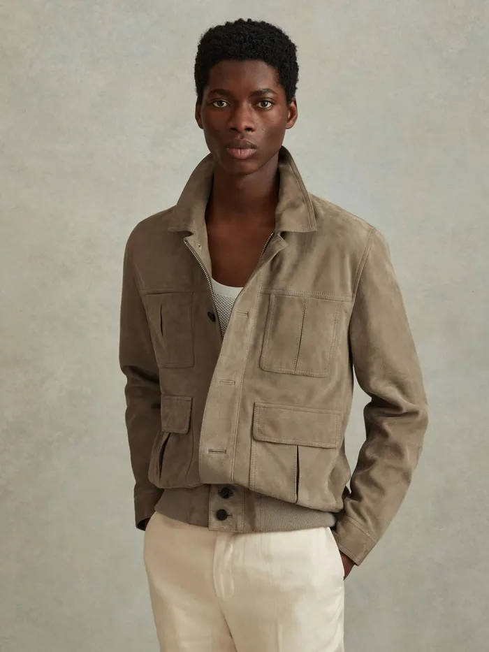 Men Reiss Leather and Suede Jackets Thomas Suede Chest Pocket Jacket Pistachio