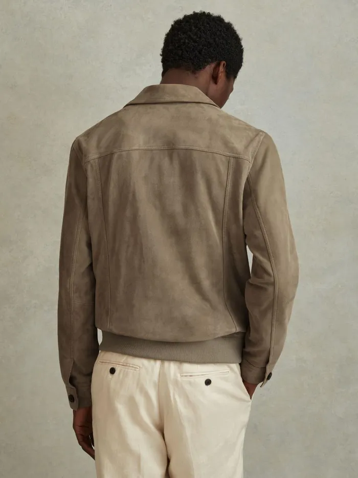Men Reiss Leather and Suede Jackets Thomas Suede Chest Pocket Jacket Pistachio