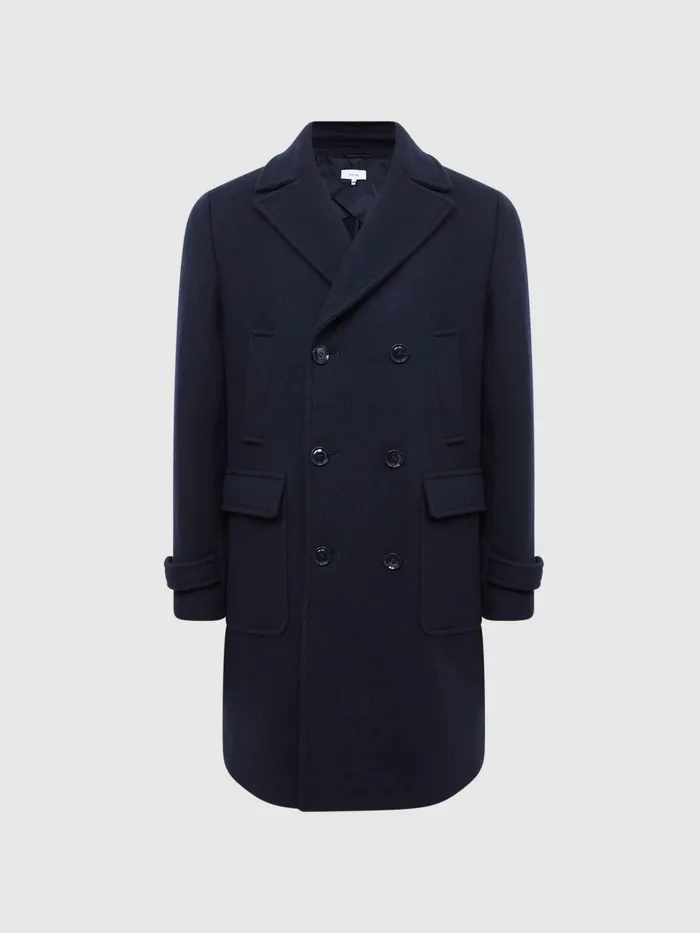 Men Reiss Outerwear and Coats Fall Double Breasted Wool Blend Military Overcoat Navy