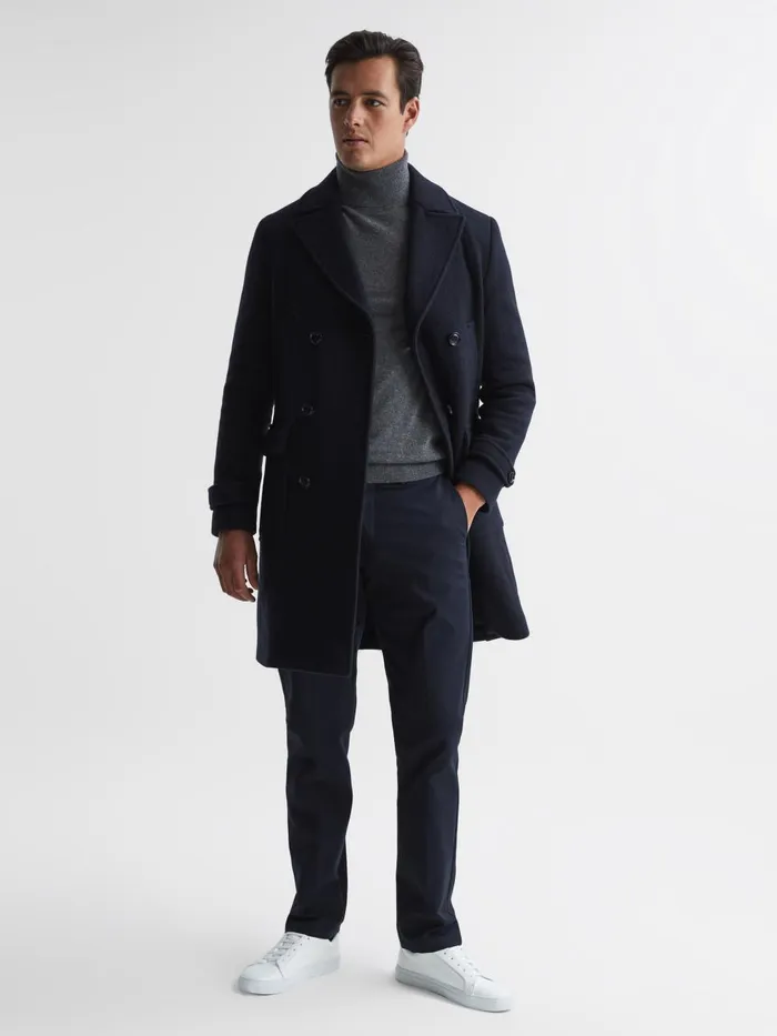 Men Reiss Outerwear and Coats Fall Double Breasted Wool Blend Military Overcoat Navy