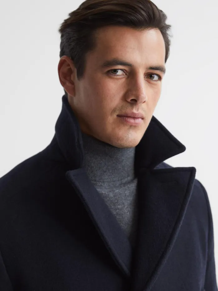 Men Reiss Outerwear and Coats Fall Double Breasted Wool Blend Military Overcoat Navy