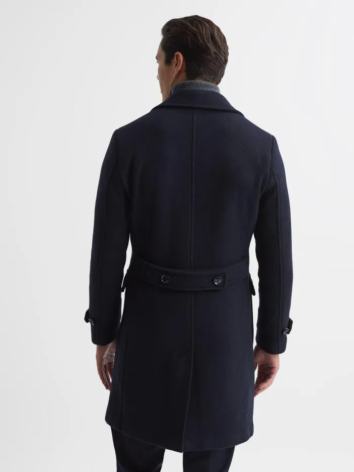 Men Reiss Outerwear and Coats Fall Double Breasted Wool Blend Military Overcoat Navy