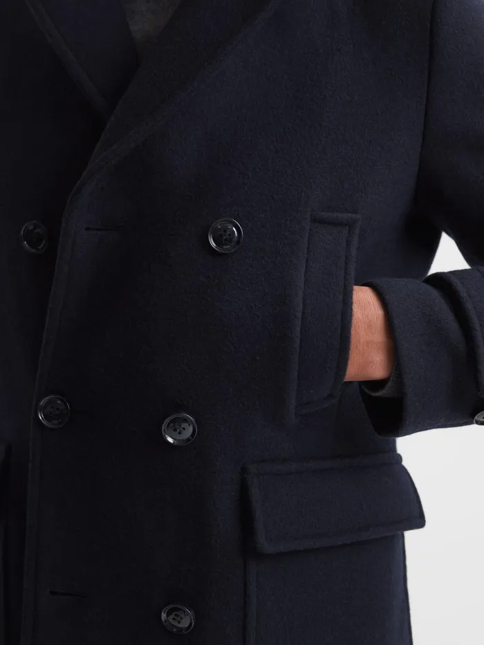 Men Reiss Outerwear and Coats Fall Double Breasted Wool Blend Military Overcoat Navy