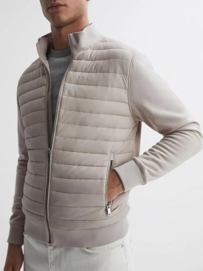 Men Reiss Outerwear and Coats Flintoff Hybrid Quilt And Knit ZipThrough Jacket Stone Men Reiss Outerwear and Coats Flintoff Hybrid Quilt And Knit ZipThrough Jacket Stone