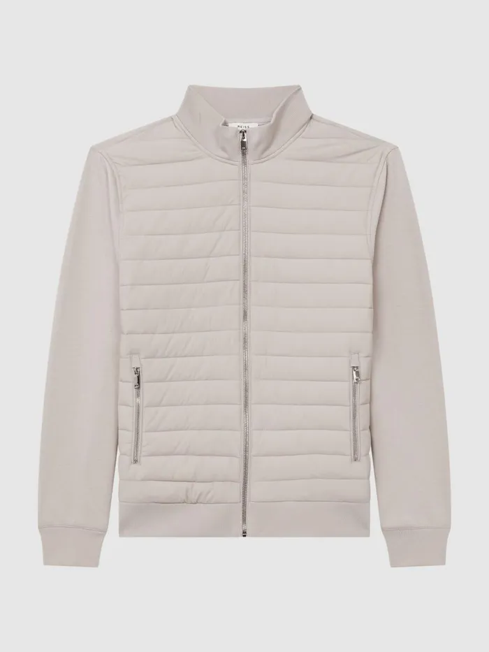 Men Reiss Outerwear and Coats Flintoff Hybrid Quilt And Knit ZipThrough Jacket Stone