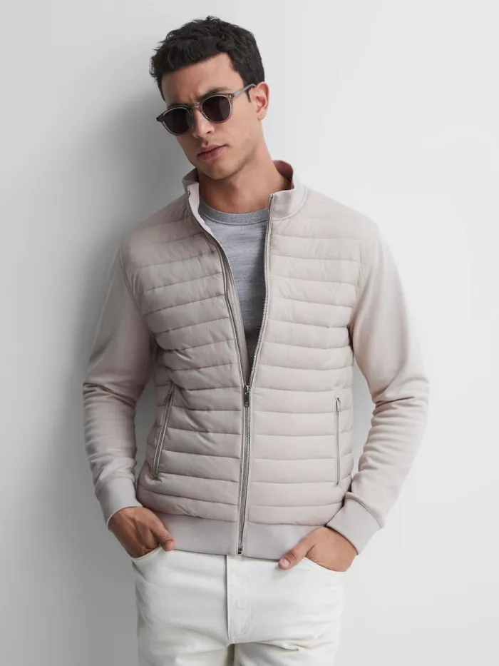 Men Reiss Outerwear and Coats Flintoff Hybrid Quilt And Knit ZipThrough Jacket Stone