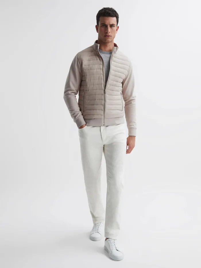 Men Reiss Outerwear and Coats Flintoff Hybrid Quilt And Knit ZipThrough Jacket Stone