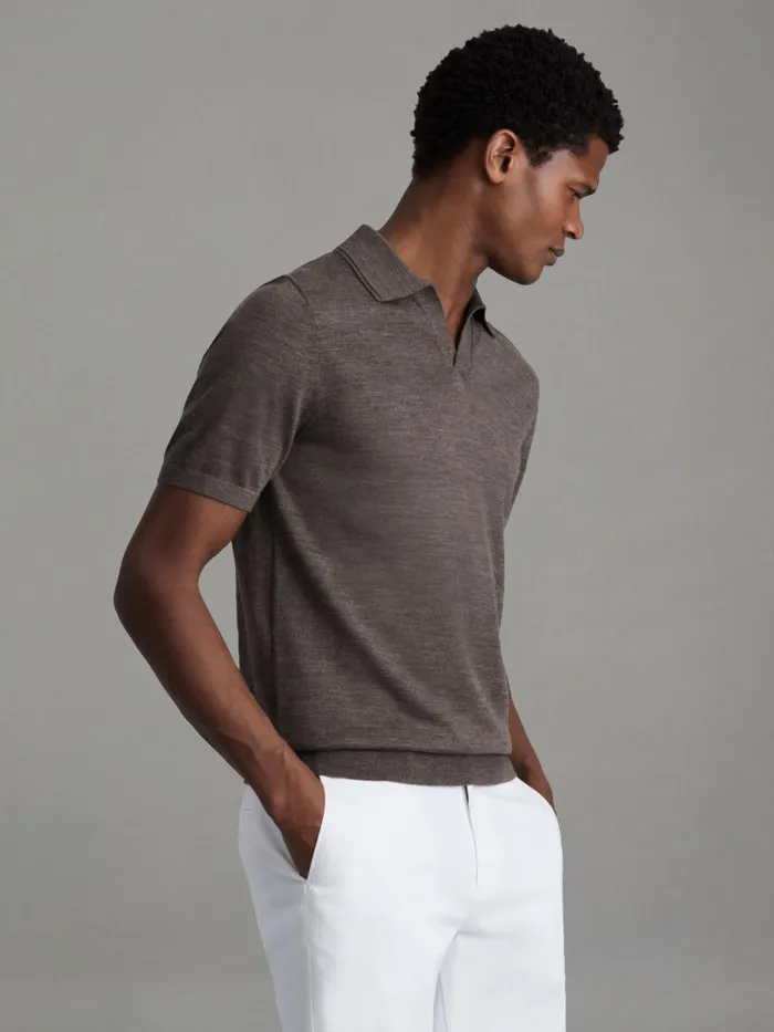 Men Reiss Polo Shirts Duchie Merino Wool Open Collar Polo Shirt Dark Brown Melange Men Reiss Polo Shirts Duchie Merino Wool Open Collar Polo Shirt Dark Brown Melange