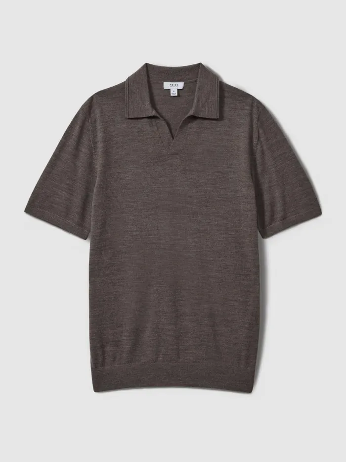 Men Reiss Polo Shirts Duchie Merino Wool Open Collar Polo Shirt Dark Brown Melange