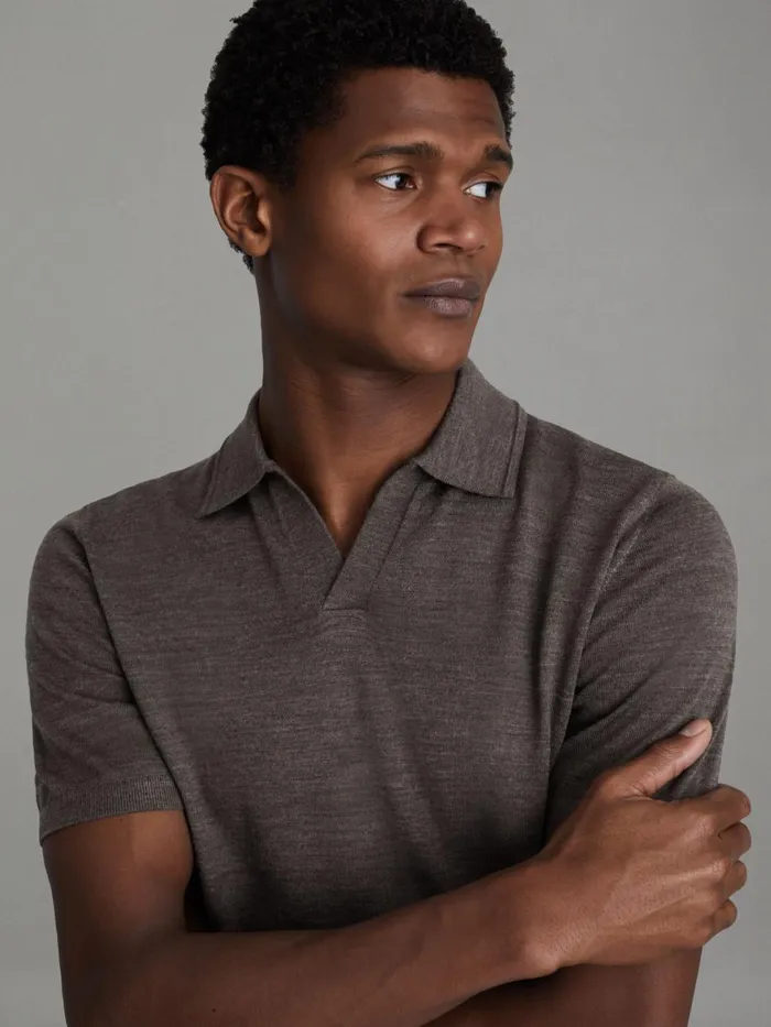 Men Reiss Polo Shirts Duchie Merino Wool Open Collar Polo Shirt Dark Brown Melange