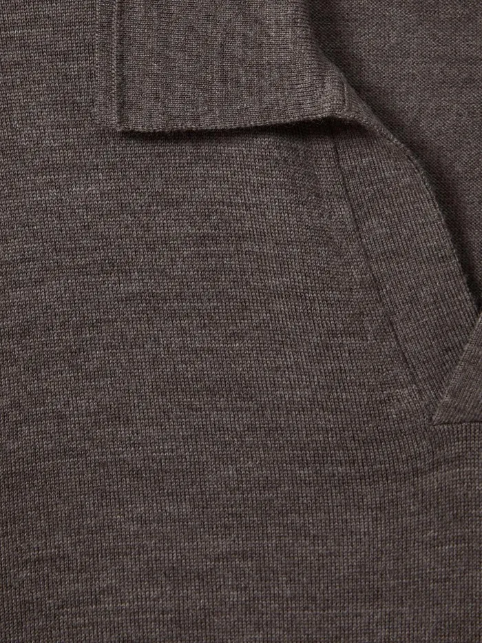 Men Reiss Polo Shirts Duchie Merino Wool Open Collar Polo Shirt Dark Brown Melange