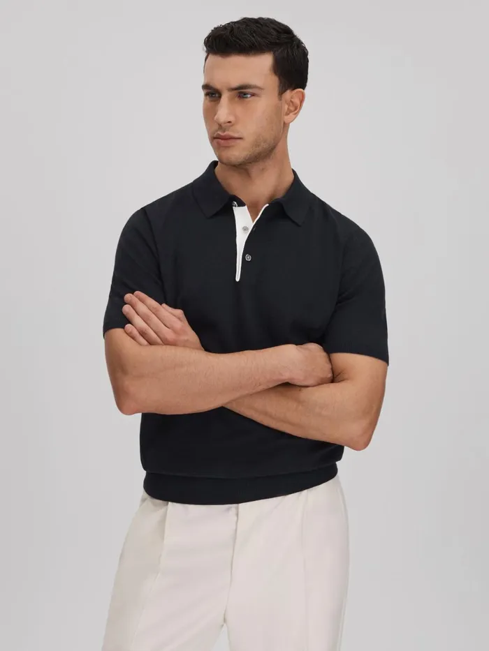 Men Reiss Polo Shirts Finch Cotton Blend Contrast Polo Shirt Navy