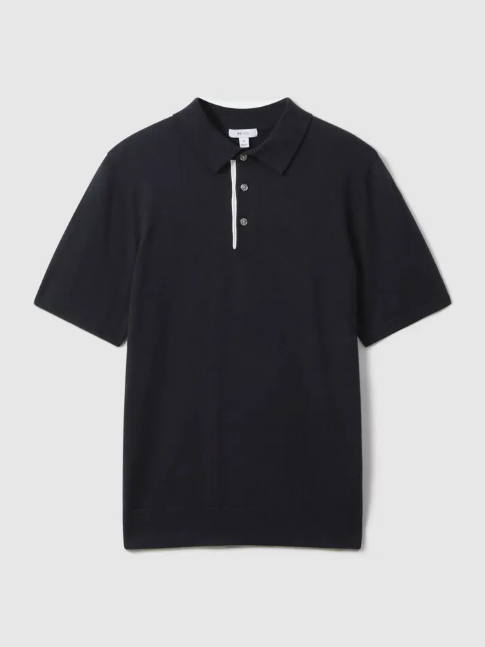 Men Reiss Polo Shirts Finch Cotton Blend Contrast Polo Shirt Navy