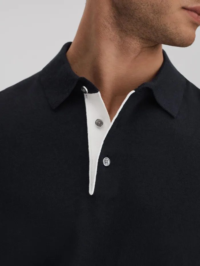Men Reiss Polo Shirts Finch Cotton Blend Contrast Polo Shirt Navy