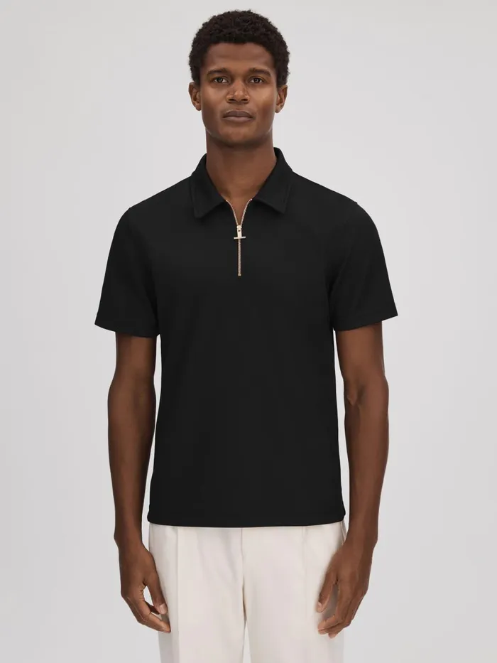 Men Reiss Polo Shirts Floyd Slim Fit HalfZip Polo Shirt Black