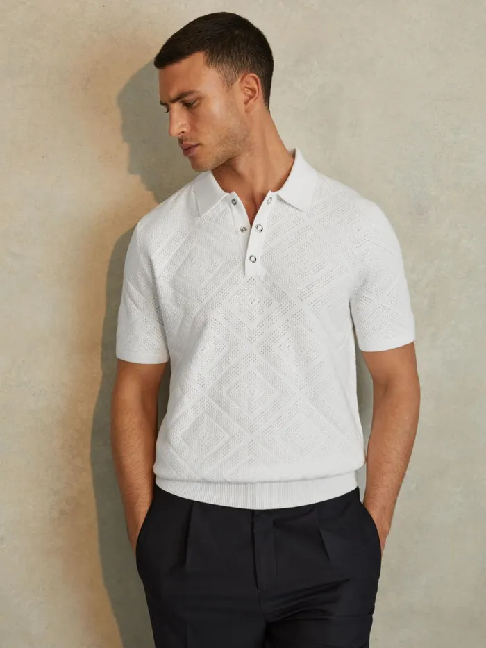 Men Reiss Polo Shirts Lupton Cotton Textured PressStud Polo Shirt Optic White Men Reiss Polo Shirts Lupton Cotton Textured PressStud Polo Shirt Optic White