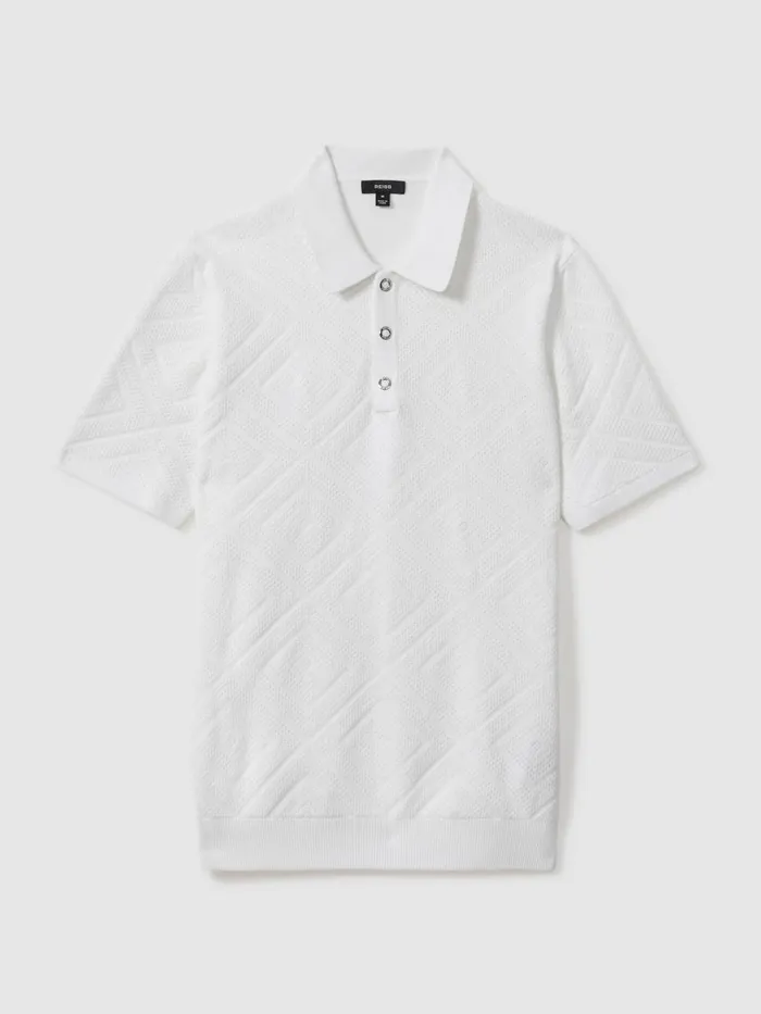Men Reiss Polo Shirts Lupton Cotton Textured PressStud Polo Shirt Optic White