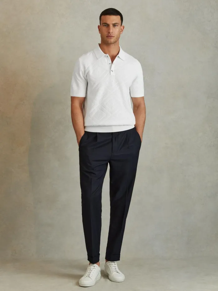 Men Reiss Polo Shirts Lupton Cotton Textured PressStud Polo Shirt Optic White