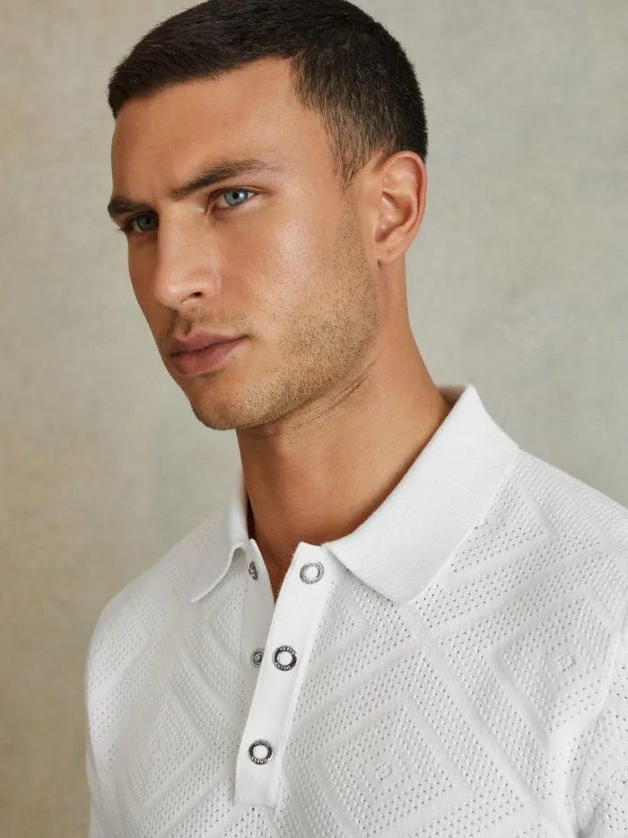Men Reiss Polo Shirts Lupton Cotton Textured PressStud Polo Shirt Optic White