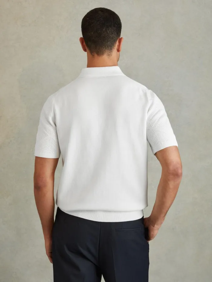 Men Reiss Polo Shirts Lupton Cotton Textured PressStud Polo Shirt Optic White