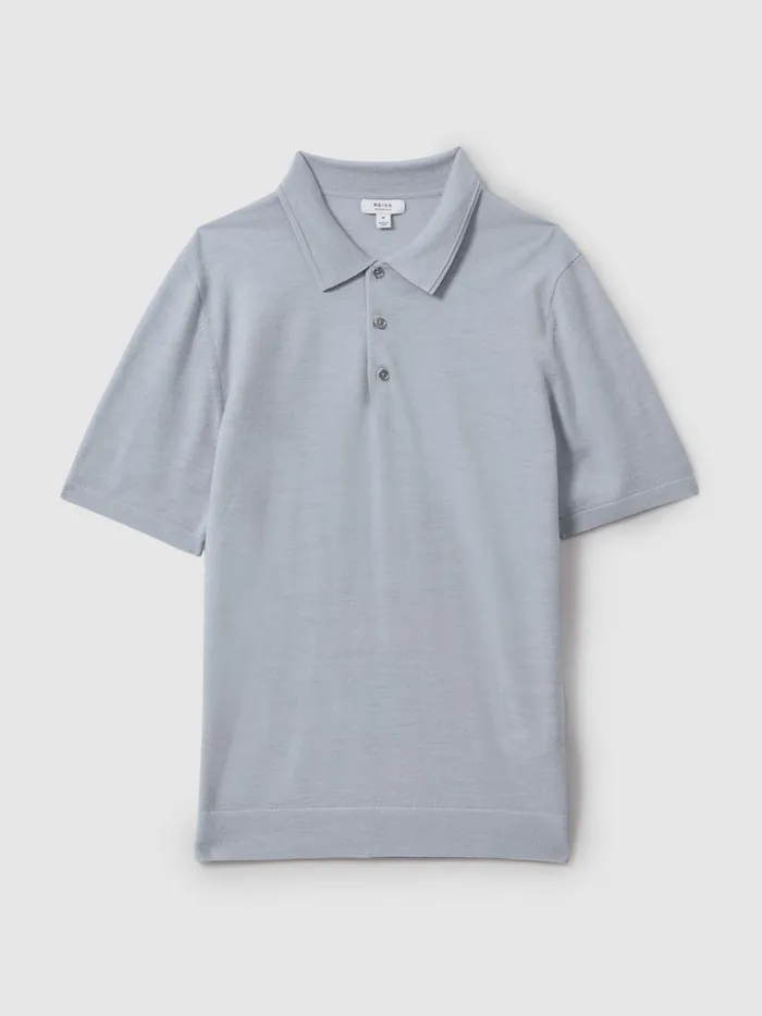 Men Reiss Polo Shirts Manor Merino Wool Polo Shirt Soft Blue Melange