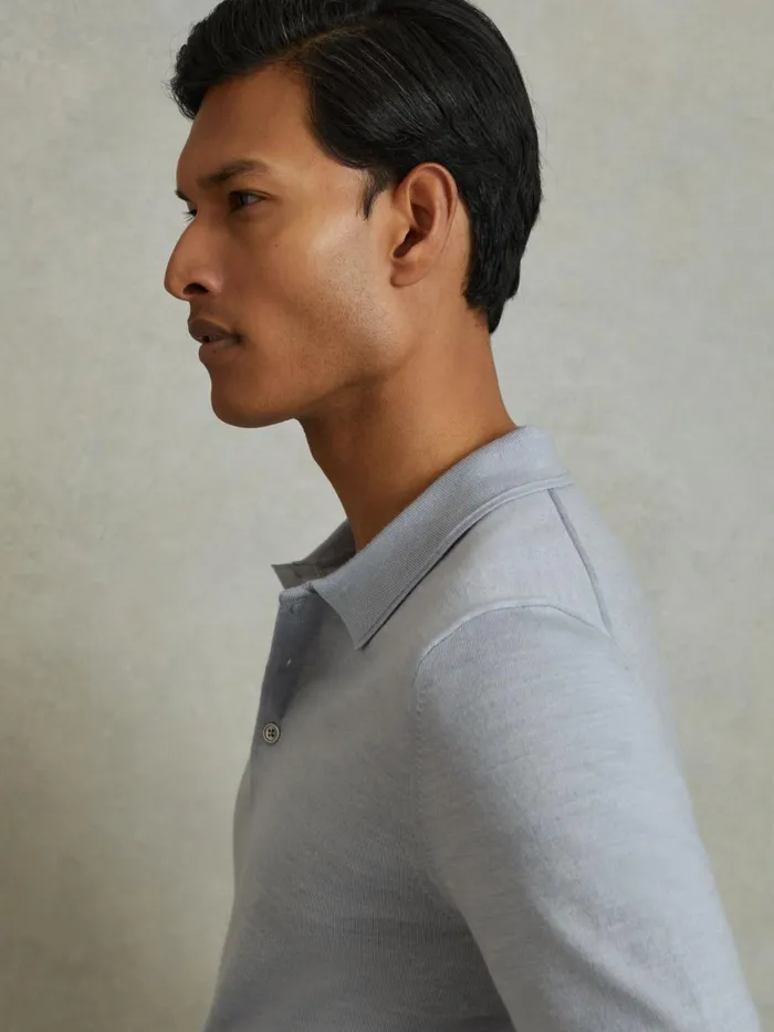 Men Reiss Polo Shirts Manor Merino Wool Polo Shirt Soft Blue Melange