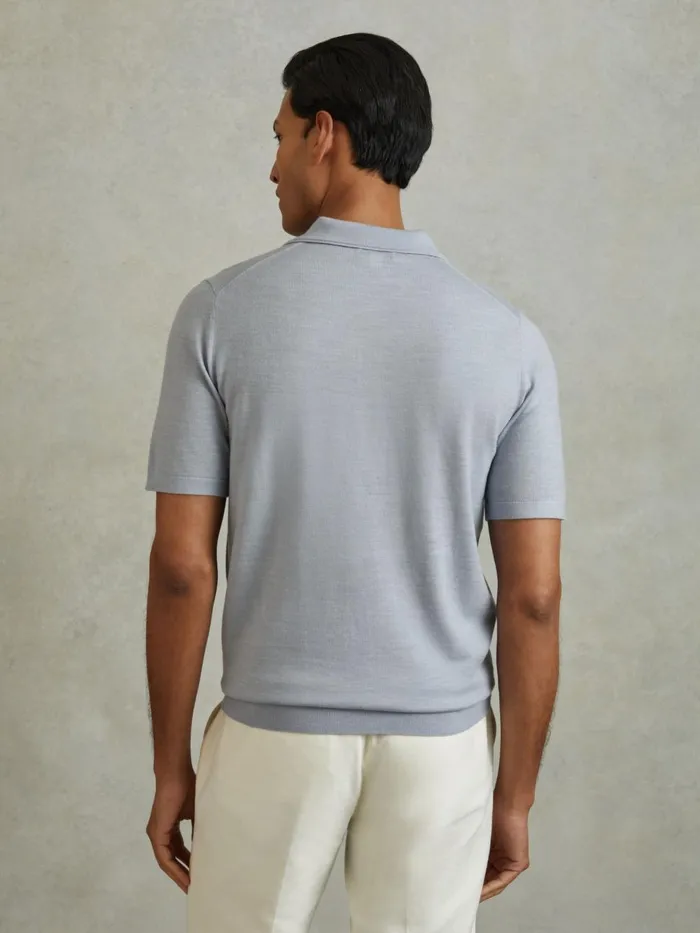 Men Reiss Polo Shirts Manor Merino Wool Polo Shirt Soft Blue Melange