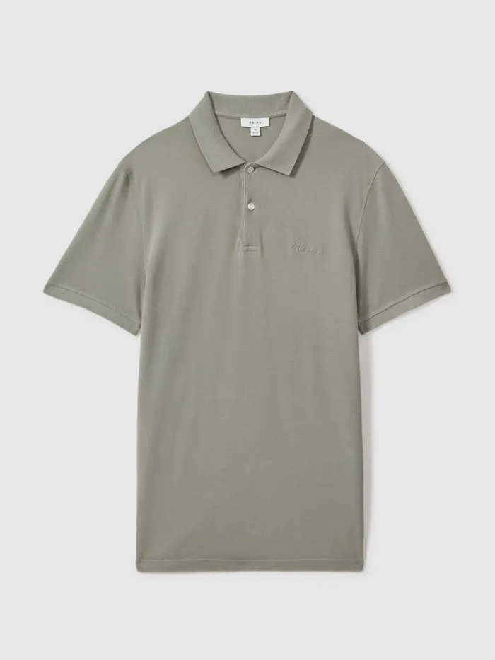 Men Reiss Polo Shirts Peters Slim Fit Garment Dyed Embroidered Polo Shirt Dark Sage