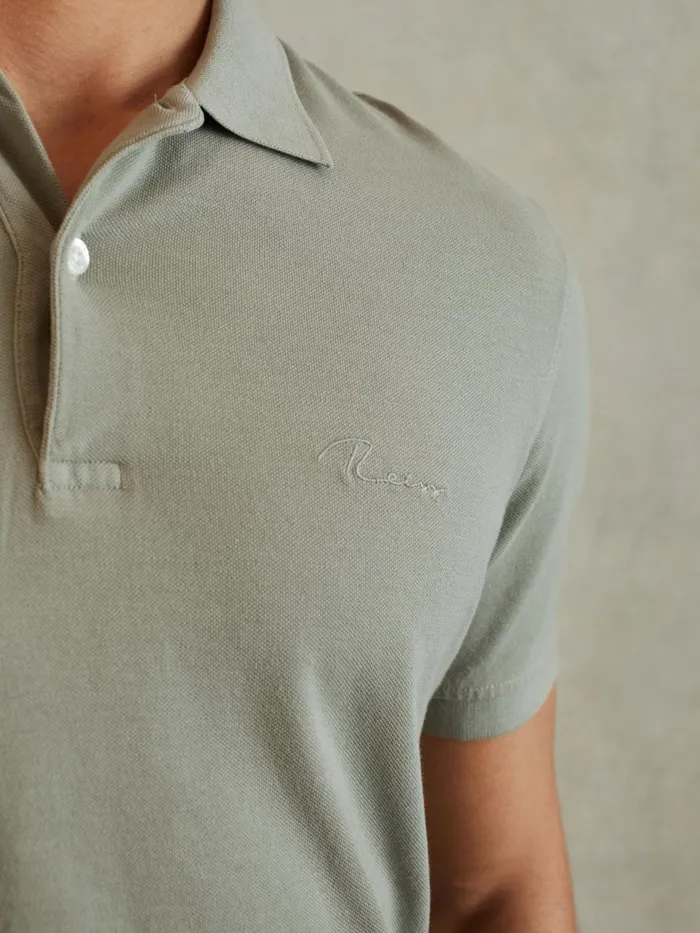 Men Reiss Polo Shirts Peters Slim Fit Garment Dyed Embroidered Polo Shirt Dark Sage