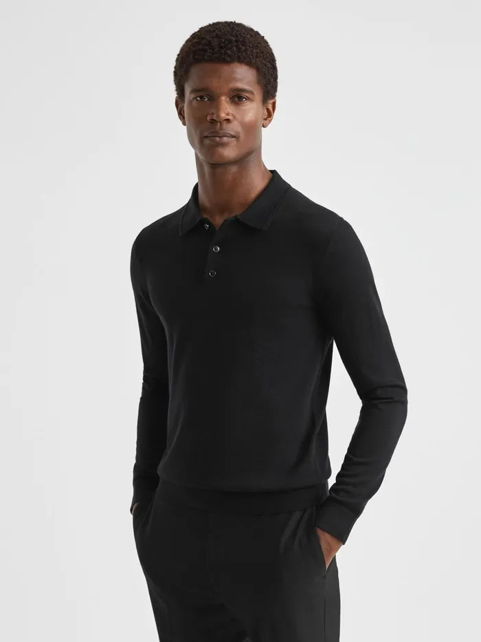 Men Reiss Polo Shirts Trafford Merino Wool Polo Shirt Black